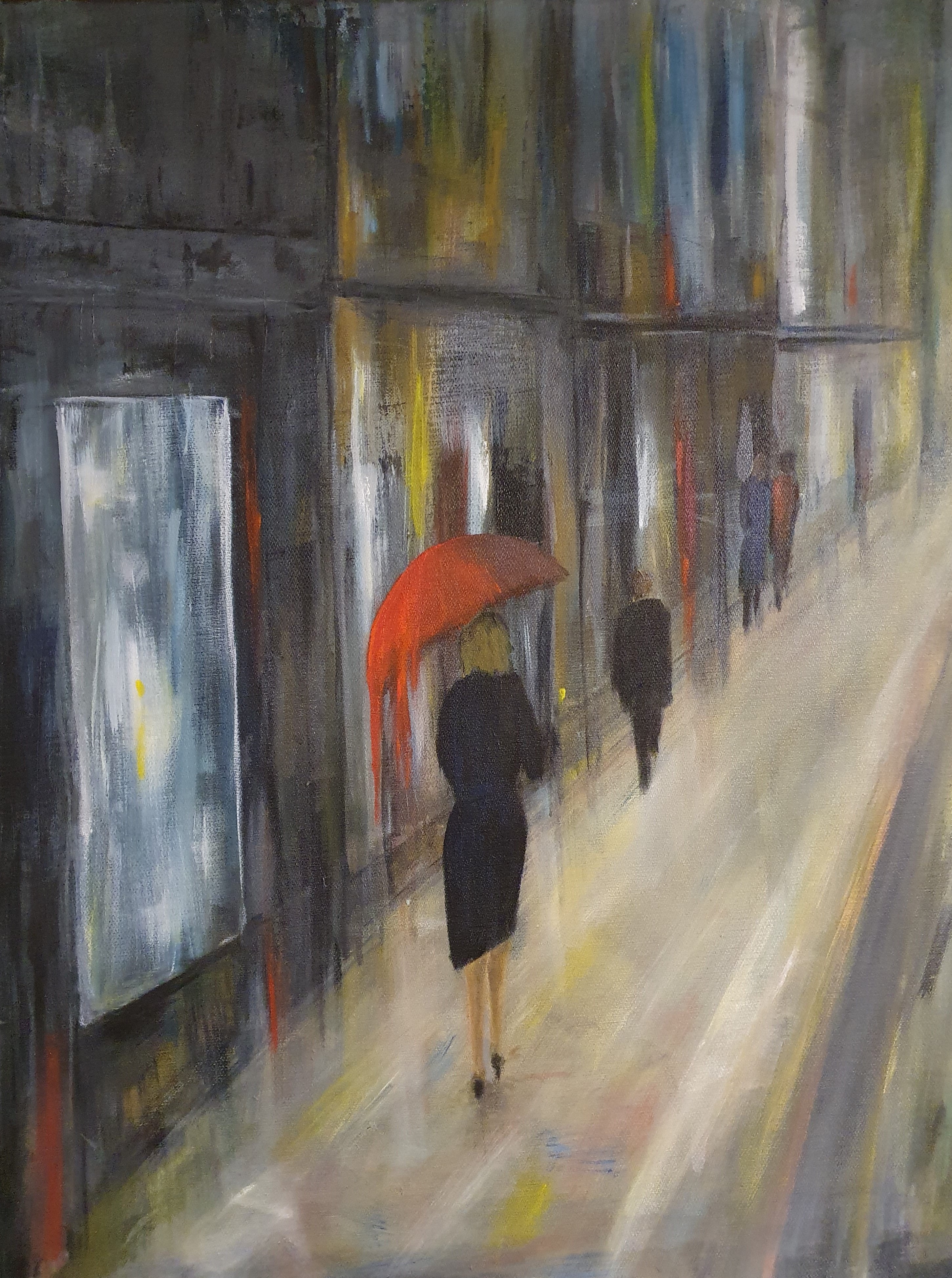 Werk auf einer Leinwand - Frau mit rotem Regenschirm in der Stadt